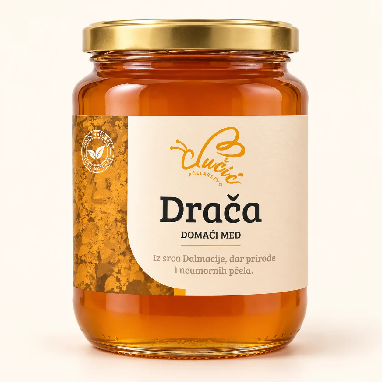 Prikaz staklenke Med od drače prema novoj naljepnici Pčelarstva Lučić
