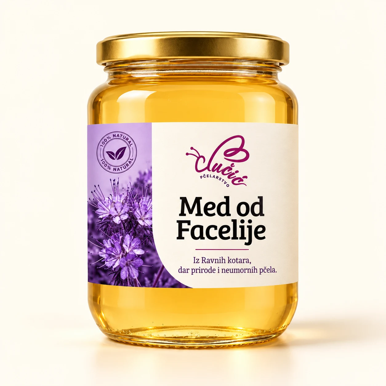 Prikaz staklenke Med od facelije prema novoj naljepnici Pčelarstva Lučić