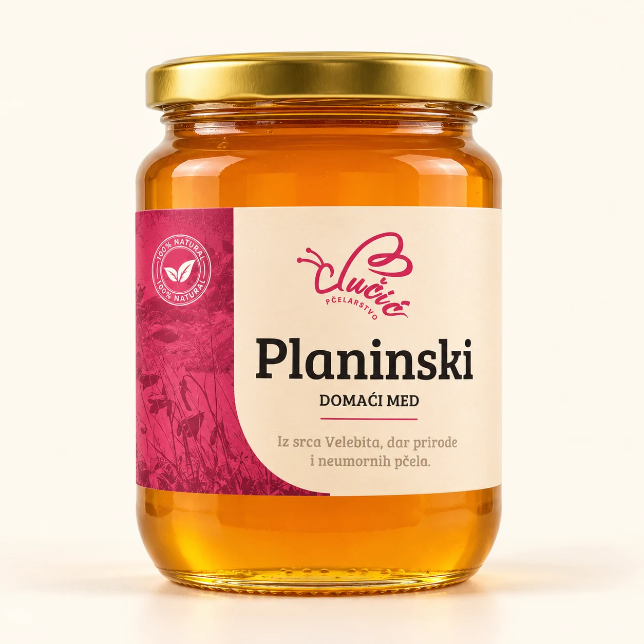 Prikaz staklenke Planinski med prema novoj naljepnici Pčelarstva Lučić